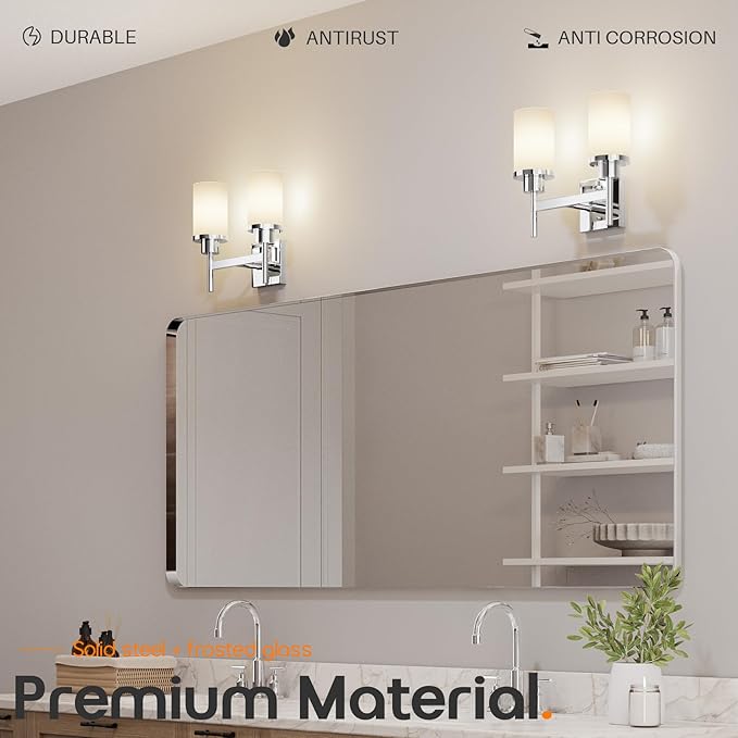 Vanity Lights Polished Chrome Bathroom Light Fixtures with White Frosted Glass Shade, Double Wall Sconces for Mirror Hallway Entrance Porch T001CH-L2