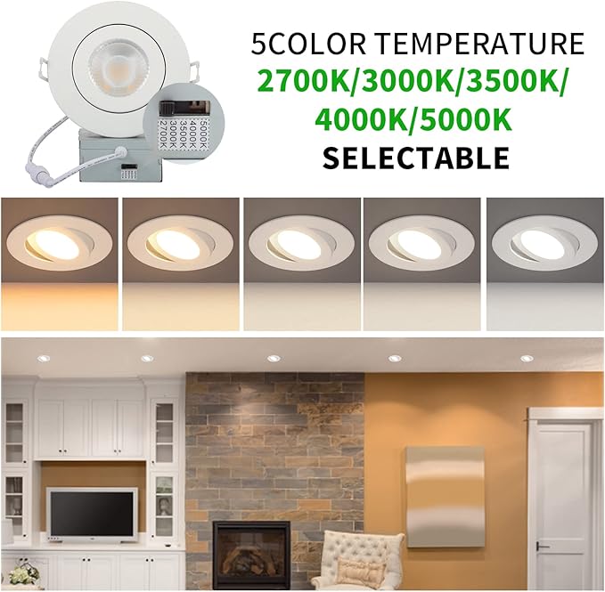KnLnny Ware Gimbal Recessed Lights 4 Inch 12 Pack, Eyeball Outdoor recessed Lighting with Junction Box,9W 750LM Dimmable ETL Listed, Airtight, 5CCT Selectable