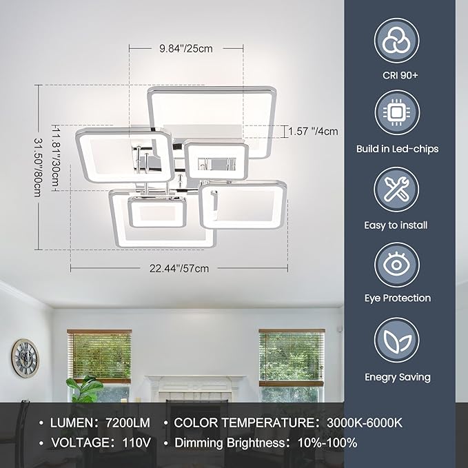31.5''Dimmable Modern LED Ceiling Light Chrome 6Rings Square Ceiling Lamp 3000K-6500K Flush Mount Ceiling Lightwith Remote for Dining Room, Kitchen, Living Room