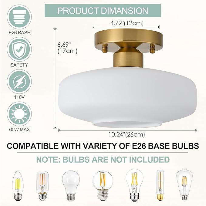 Modern Ceiling Light,10.24 inch,Milk White Glass Shade,Gold Finish Flush Mount Light Fixture for Hallway, Entryway, Laundry Room