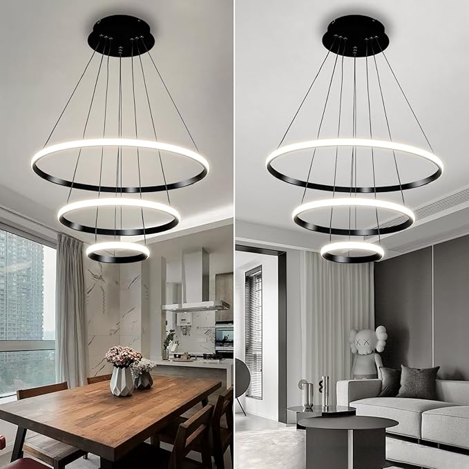 Viruhaka Modern LED Pendant Light, Adjustable Height Circular Entrance Black 3 Ring Circular Chandelier Fixture, Suitable for Restaurants, Kitchens, Islands, Living Rooms, Cafes, Etc. (4000K)