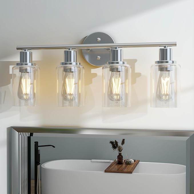 Pia Ricco Bathroom Vanity Light Fixtures, 4-Light Bathroom Wall Lights with Clear Glass Shades, Modern Wall Sconce Over Mirror, Bath Wall Sconces for Mirror Living Room Bedroom Hallway