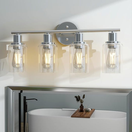 Pia Ricco Bathroom Vanity Light Fixtures, 4-Light Bathroom Wall Lights with Clear Glass Shades, Modern Wall Sconce Over Mirror, Bath Wall Sconces for Mirror Living Room Bedroom Hallway