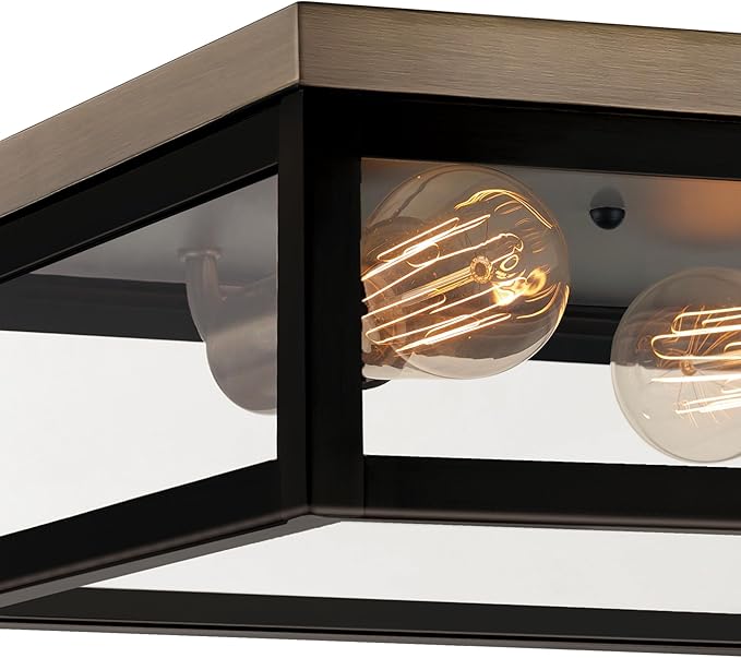 Globe Electric 65919 Verona 2-Light Flush Mount, Dark Bronze, Antique Brass Accents, 5 Clear Glass Panes, Bulb Not Included