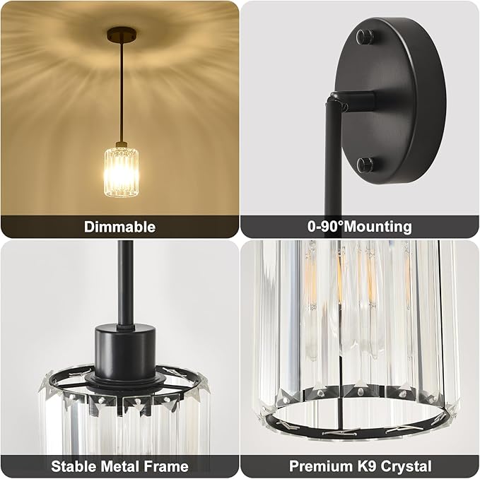 Crystal Pendant Lights Kitchen Island, 3 Pack Black Kitchen Pendant Lighting Over Island, 1-Light Mini Modern Hanging Lights for Kitchen Island, Dining Room, Hallway, Foyer, Entryways