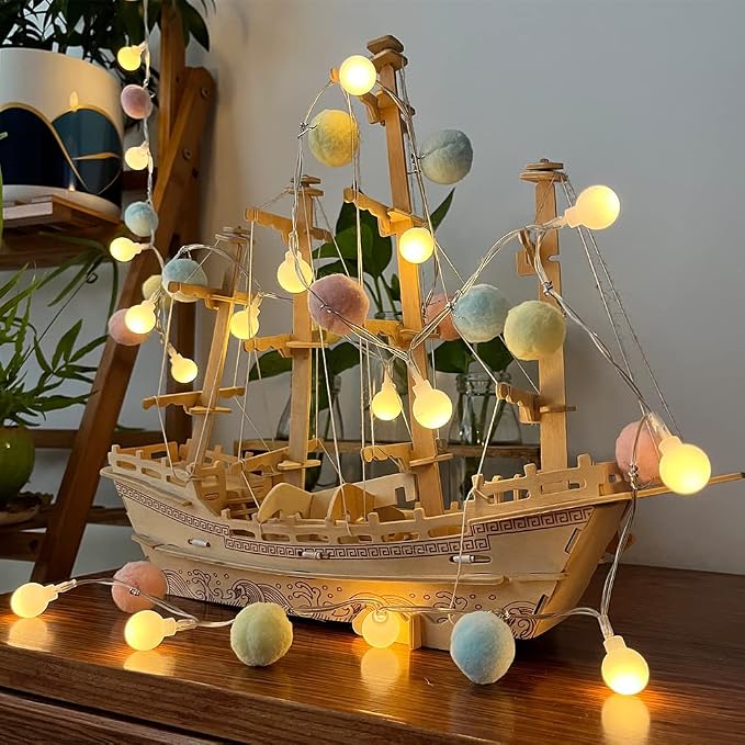 ChiRee Indoor String Lights 6.56 Feet Pom Poms Fairy 20 LED Battery Operated Ball Warm White Globe Colorful Decor for Home Bedroom Kids Playhouse Holiday Christmas
