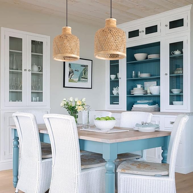 Modern Bamboo Woven Pendant Light, 2 Pack 7.8" Dome Coastal Bamboo Wicker Dome Pendant Lighting Fixture for Kitchen Dining Room Living Room Foyer