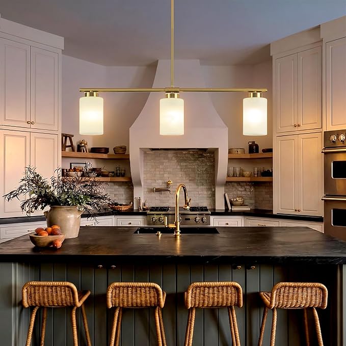 3-Light Gold Kitchen Island Lighting 31" Pendant Light with Milk Glass Shade Adjustable Height Linear Chandelier for Dining Room Modern Farmhouse Light Fixture Over Table Bar Living Room Foyer, E26