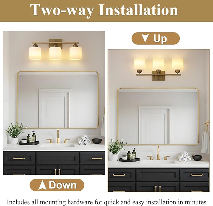 Mecgirn Milk Glass Vanity Lights for Bathroom, 3 Light Brass Bathroom Light Fixtures Over Mirror, Ceramic E26 Sockets Wall Mounted