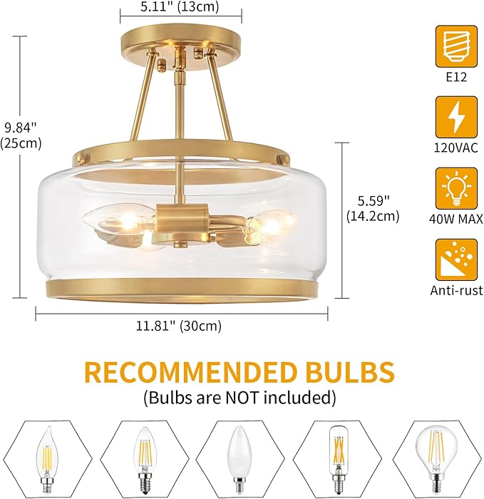 11.81" Brushed Gold Semi Flush Mount Ceiling Light, Modern Glass Drum Light Fixtures, 3-Light Golden Ceiling Lights for Hallway Entryway Bedroom Laundry Room Kitchen Dining Room Bathroom Lighting