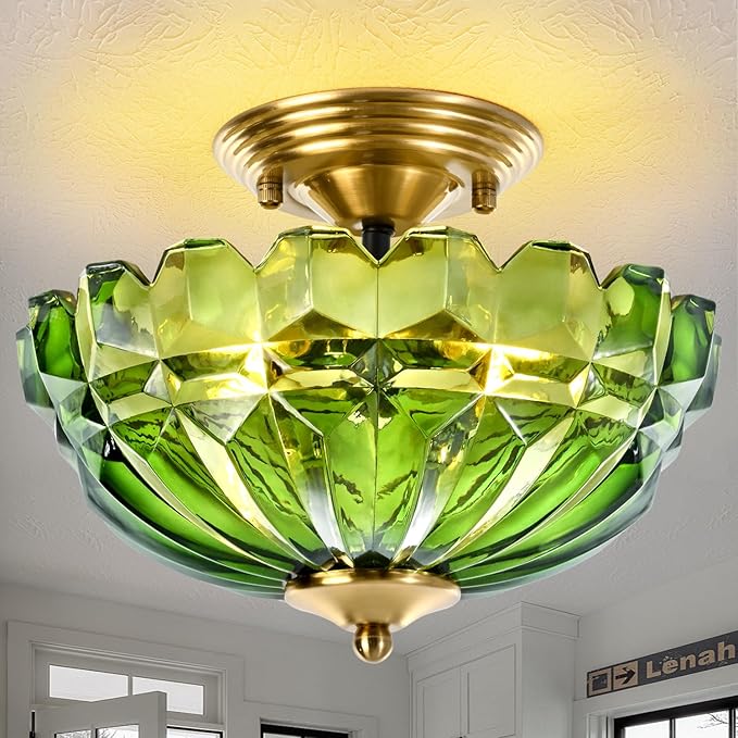 Semi Flush Mount Ceiling Light, 3-Light Kitchen Ceiling Lighting Fixtures with Green Glass Lampshade, Gold Modern Chandelier for Living Room Bedroom Hallway