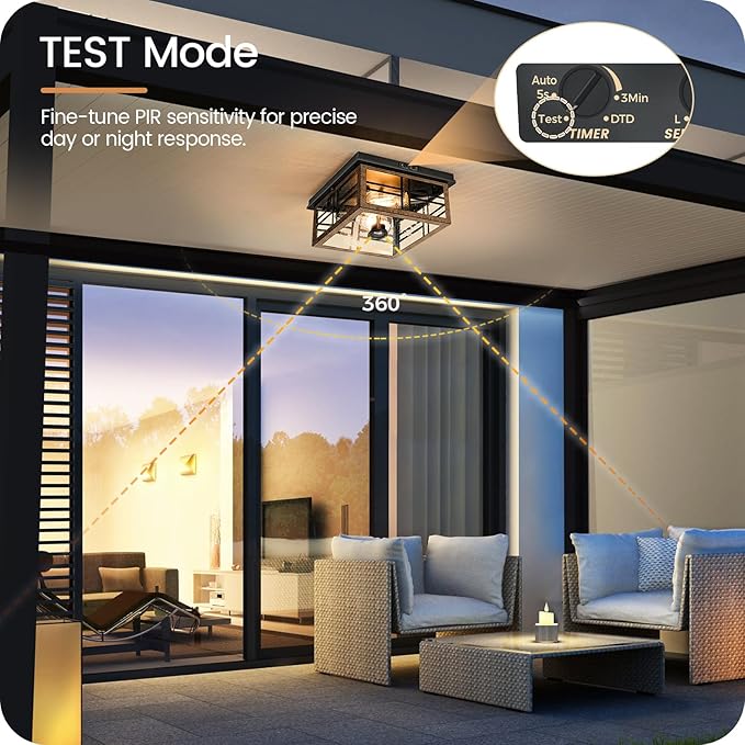 Infrared Sensor Outdoor Ceiling Light, Flush Mount Motion Sensor Ceiling Light, 2-Light Farmhouse with Bubble Glass, Bulbs Not Included, 4 Modes, for Porch, Garage, Hallway, Patio,FQ08XD05W1