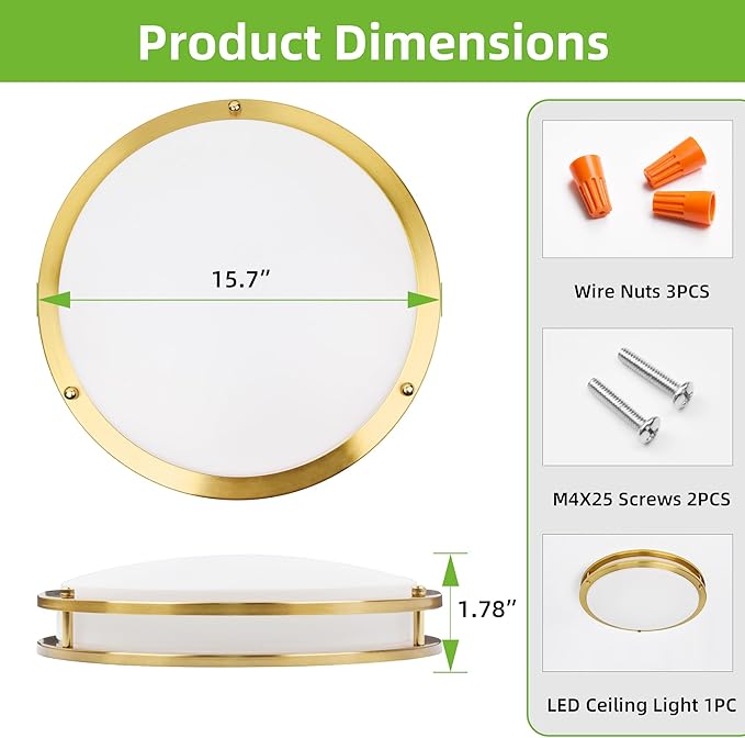 hykolity 16 inch Dimmable LED Flush Mount Ceiling Light Fixture, Gold, 36W, 2200LM, 2.7/3/3.5/4K/5K Adjustbale, 120°Light Angle, CRI80, Ceiling Lamp for Bedroom, Kitchen, Office, ETL Listed