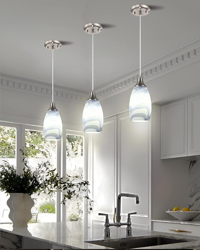 karyfine Mini Art Glass Pendant Lights Kitchen Island Blown Glass Pendant Lighting with Brushed Nickel Finish Adjustable Cord Ceiling Hanging Lamp for Hallway,Dining Room White and Dark Blue-1P