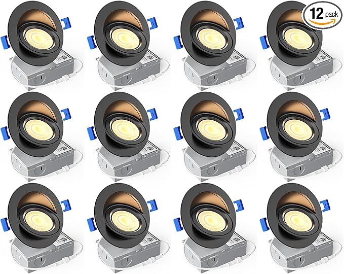 Ensenior 12 Pack 4 inch 5CCT LED Gimbal Led Recessed Light with Junction Box, 360°+90° Adjustable Directional Lighting, Dimmable, CRI90+, 2700K/3000K/3500K/4000K/5000K, 900LM, 10W=85W-ETL&FCC, Black
