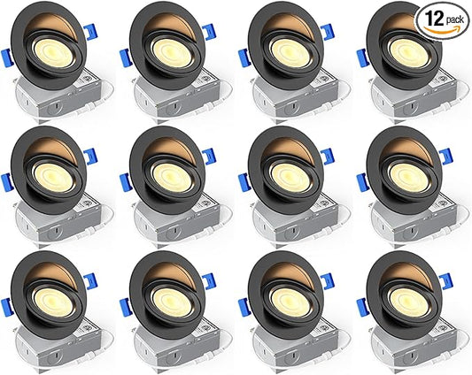 Ensenior 12 Pack 4 inch 5CCT LED Gimbal Led Recessed Light with Junction Box, 360°+90° Adjustable Directional Lighting, Dimmable, CRI90+, 2700K/3000K/3500K/4000K/5000K, 900LM, 10W=85W-ETL&FCC, Black