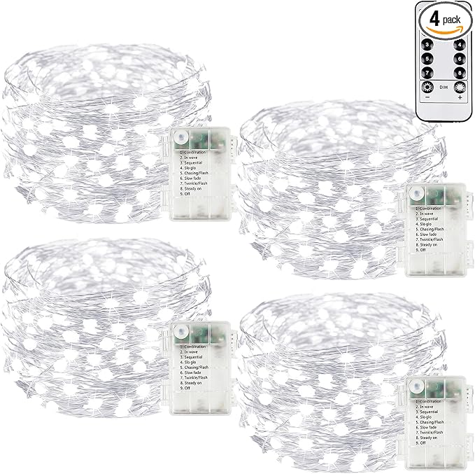 4Pack 80Ft 240LED Fairy Lights Battery Operated with Remote, Waterproof String Lights with Timer for Indoor & Outdoor, Twinkle Lights Battery Powered for Bedroom Christmas Decorations (Cool White)