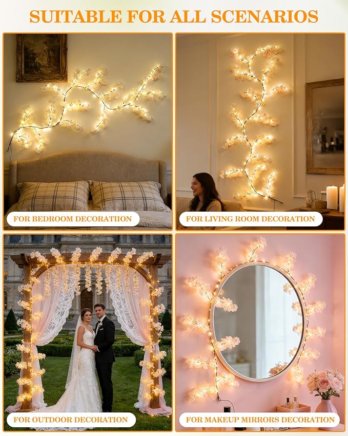 GOESWELL Cherry Blossom Tree Lights for Wall: 7.9FT Lighted Garland for Room and Home Decor - Plug or Battery Operated Artificial Flower Vines for Mantle Fireplace Wedding Party Indoor Outdoor