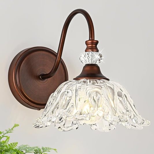 1-Piece Antique Red Bronze Vintage Wall Sconce with Floral Clear Glass Shade, Farmhouse Wall Mount Lighting for Bathroom,Vintage Bathroom Vanity Light Fixtures