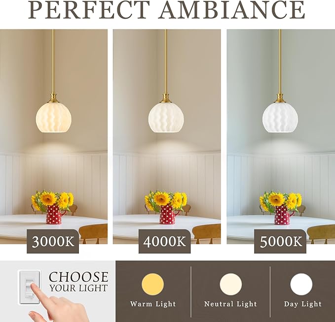 Brushed Gold Pendant Lights Kitchen Island, 7.3" Modern Milk Glass Pendant Light Fixtures with Rods, Adjustable Height Hanging Lighting for Kitchen Sink Bathroom Dining Room