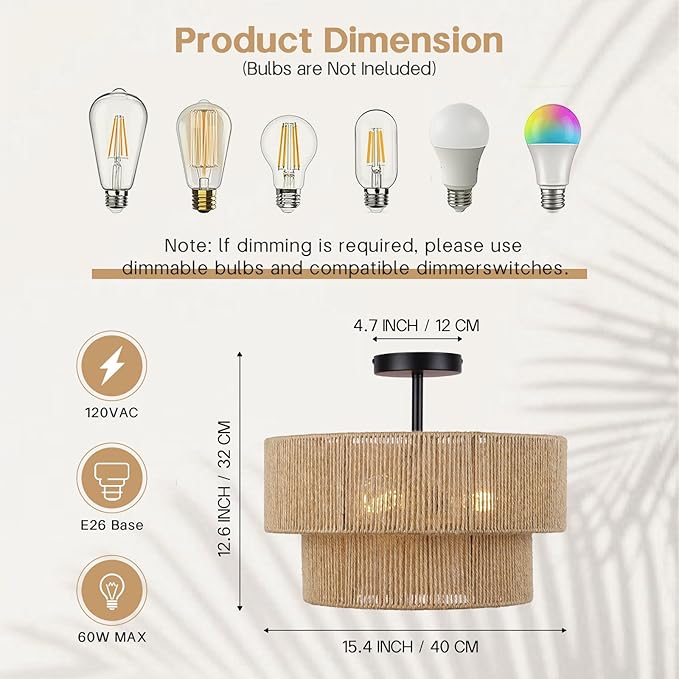 15.7'' Boho Light Fixtures Ceiling Mount, Coastal Hemp rope Semi Flush Mount Ceiling Light Fixture,3-Light Rattan Light Fixtures With 2-Tier Drum Shade, Farmhouse Chandelier Bedroom Ceiling Lamp