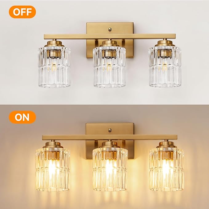 TALOYA 19 Inch Bathroom Light Fixtures,Modern 3-Light Brushed Gold Vanity Lights with Wide Vertical Ribbed Thickened Glass Shade Wall Sconces for Mirror Makeup Room Hallway（Bulbs Not Included）