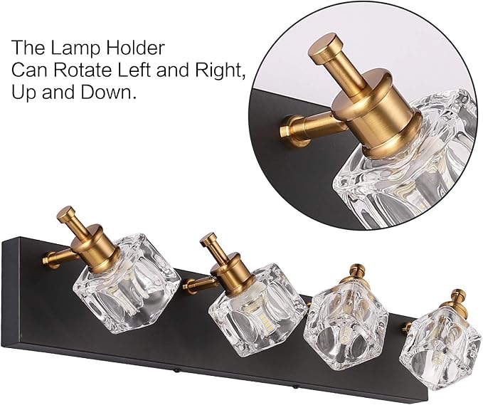 PRESDE Modern Black Bathroom Vanity Light Fixtures Over Mirror LED 4 Lights Crystal Bath wall Lighting