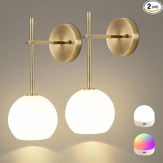 Brass Battery Operated Wall Sconces Set of 2, Rechargeable Wireless Wall Lights with Milky White Frosted Glass, 12 RGB and 3CCT Dimmable, Wall Lamps with Remote for Bedroom Living Room Hallway
