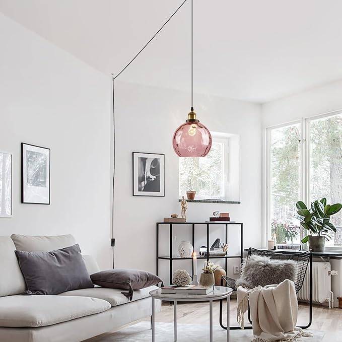 Pink Glass Hanging Light Plug in Hammered Glass Pendant Light Modern Hanging Globe Light Fixture Plug in Chandelier Lighting with Long Cord for Girls Bedroom Living Room Dining Room Ceiling