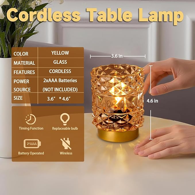 MJ PREMIER Battery Operated Lamp with Timer, Cordless Table Lamps for Shelf Decor, Rhombus Texture Aesthetic Crystal Lamp, Small Decorative Lamps for Bedroom/Bathroom/Kitchen/Entryway/Dorm (Yellow)