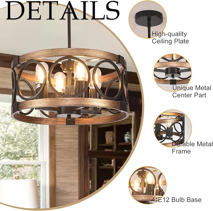 4-Light Semi Flush Mount Ceiling Light Fixture,17.71" Black Light Fixtures Ceiling Mount Kitchen Lighting Fixture Rustic Drum Chandelier Ceiling Haning Pendant Light Fixture