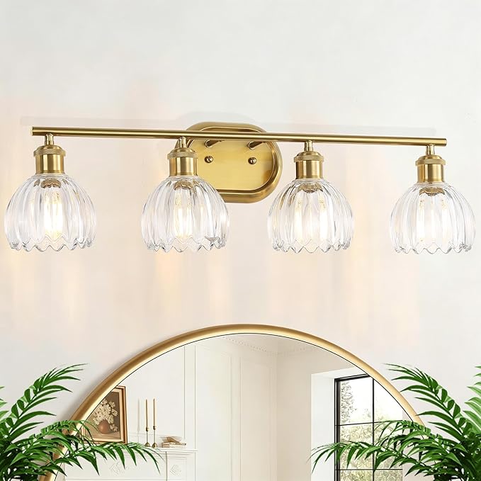 4-Light Bathroom Light Fixtures, Brushed Gold Vanity Lights for Bathroom with Ribbed Clear Tulip Glass Shade, Vintage Wall Scone Lighting Fixture Over Mirror for Bedroom Living Room Hallway