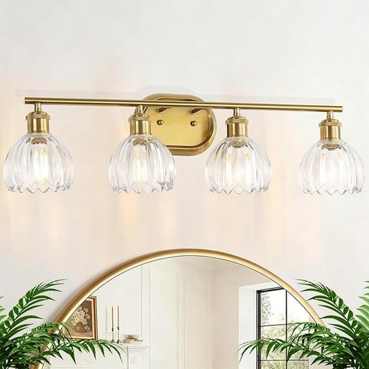4-Light Bathroom Light Fixtures, Brushed Gold Vanity Lights for Bathroom with Ribbed Clear Tulip Glass Shade, Vintage Wall Scone Lighting Fixture Over Mirror for Bedroom Living Room Hallway