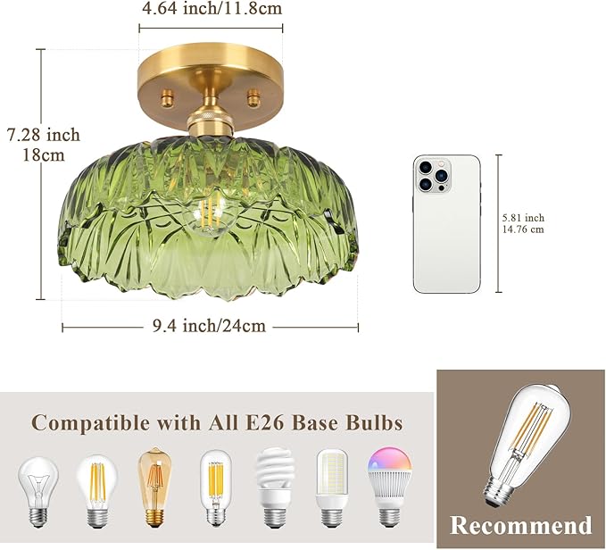 Flush Mount Ceiling Light,Green Hallway Lights Fixture Ceiling,9.4" Flower Light E26 Vintage Light Fixtures for Porch Corridor Bedroom