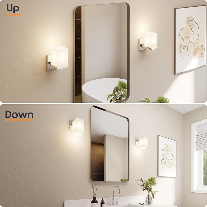 Vanity Lighting Fixture Polished Chrome Bathroom Lights with White Frosted Glass Shade, Wall Sconces Over Mirror for Porch Entrance, 2 Pack T003CH-L1-P2