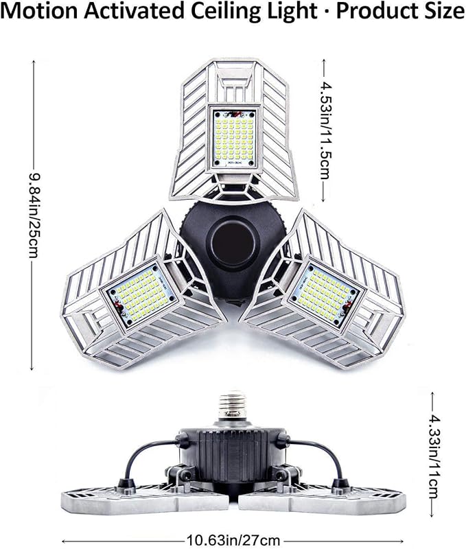 Deformable Garage Led Light High Intensity Mining Lamps 60W 6000LM Adjustable Ceiling Light Garage, Warehouse,Attic,Workshop,Basement. (6000K White, Silver Motion Activated Version)