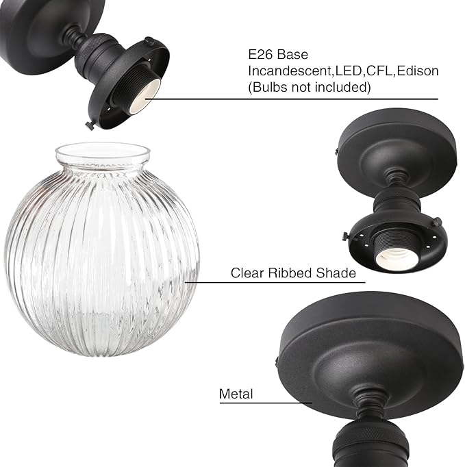 PERMO Semi Flush Mount Ceiling Light with 5.9" Globe Ribbed Glass Lampshade Vintage Matte Black Small Ceiling Light Fixture for Entry Way Bedroom Bathroom Porch