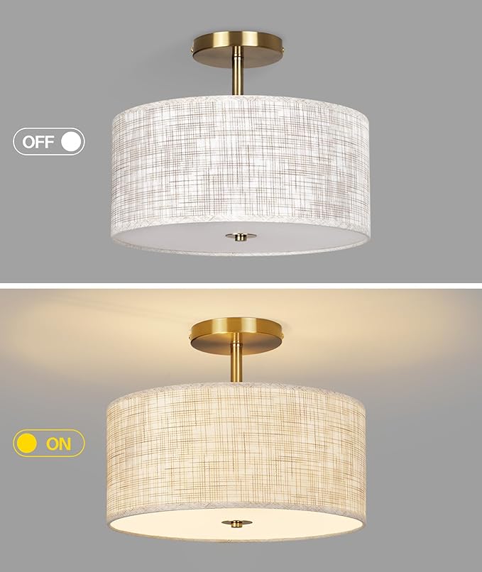 13" Semi Flush Mount Ceiling Light Fixture, Modern Drum Ceiling Light with Textured Linen Fabric Shade and Gold Base, 3-Light Farmhouse Lighting for Bedroom, Kitchen, Entryway, Living Room