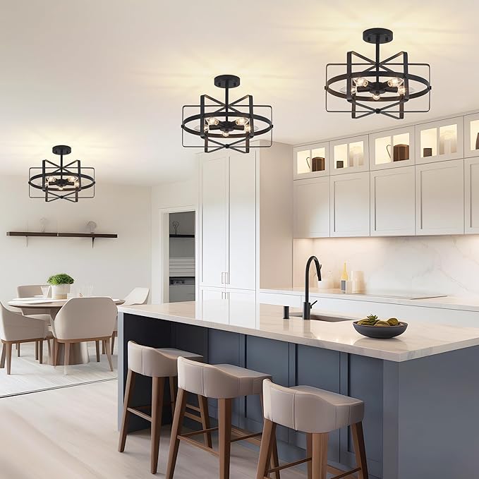 5-Light Modern Semi Flush Mount Ceiling Light, 12.6'' Black Farmhouse Flush Mount Ceiling Light Industrial Ceiling Light Fixture for Entryway Hallway Foyer Dining Room Kitchen Bedroom
