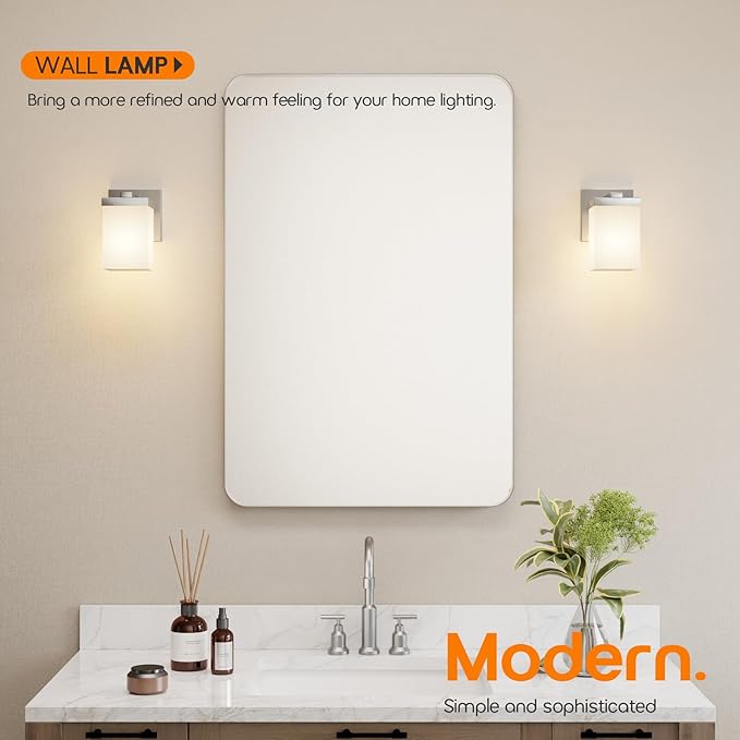 Bathroom Lighting Fixtures Brushed Nickel Vanity Lights with White Frosted Glass Shade, Wall Lamps Over Mirror for Bedroom Porch, 2 Pack T003BR-L1-P2
