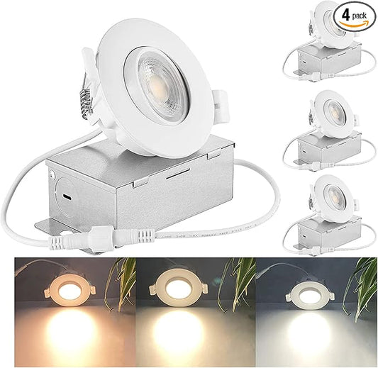 3 Inch Gimbal LED Recessed Light, 8W Dimmable Canless Adjustable Downlight, 3000K/4000K/5000K Selectable Ceiling Spotlight with Junction Box, IC Rated ETL, 38° Beam Angle, 65W Equivalent (Pack of 4)