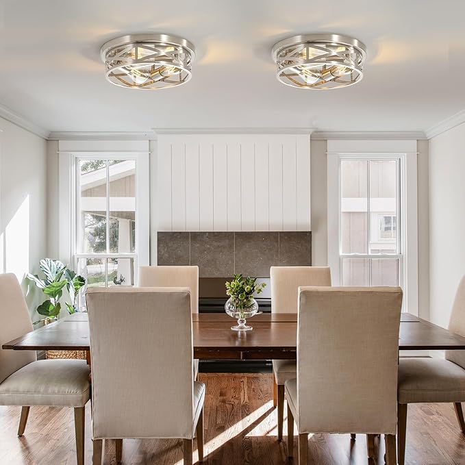 13 Inch Brushed Nickel Flush Mount Ceiling Lights, Modern Cage Ceiling Light Fixture E26 Base Indoor Metal Kitchen Ceiling Lights for House Hallway Bedroom Living Room Laundry, 2 Pack