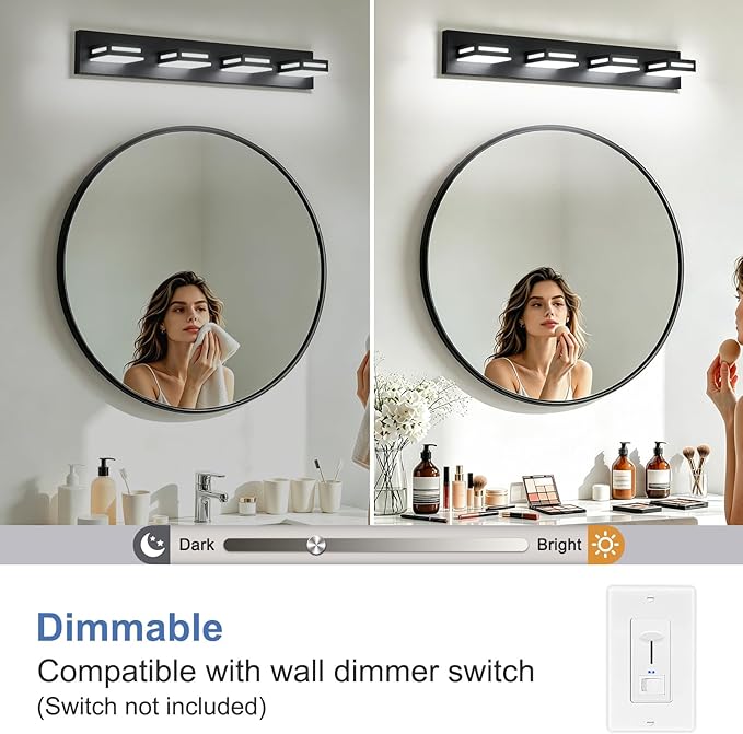 LED Modern Bathroom Light Fixtures, 4-Light 30-Inch Dimmable 5CCT Adjustable Matte Black Vanity Lights for Bathroom Lighting Fixtures Over Mirror, 350° Rotatable Wall Lamp