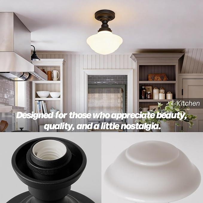 Modern Schoolhouse Semi Flush Mount Ceiling Light with Milk White Glass Lampshade, Industrial Close to Ceiling Light Fixture for Farmhouse Bedroom Hallway Entryway