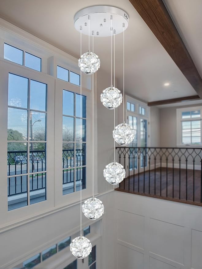 ykolupty LED Staircase Chandelier Modern Crystal Globe Pendant Light Crystal Chandeliers for High Ceilings, Hanging Lighting Fixture for Villas Foyer Hallway Entryway (6-Lights)