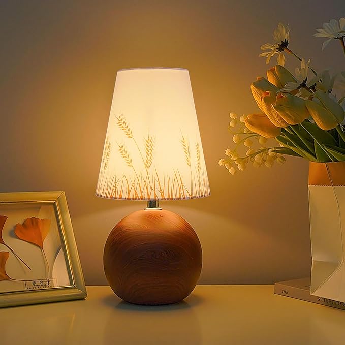 Vintage Wooden Base Fabric Night Lamp, Adjustable Light Color and Brightness with Power-Off Memory, Safe USB Powered, Retro LED Table Light for Bedroom Living Room Office (Wheat)