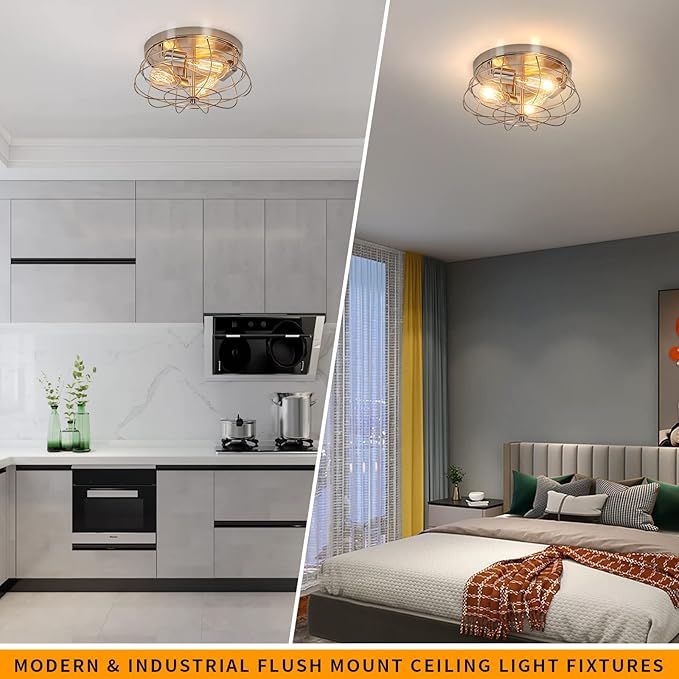 Flush Mount Ceiling Light Brushed Nickel Ceiling Light Fixture 3-Light Modern Flush Mount Ceiling Light Metal Cage Kitchen Ceiling Light Fixtures for Bedroom, Living Room, Hallway Foyer