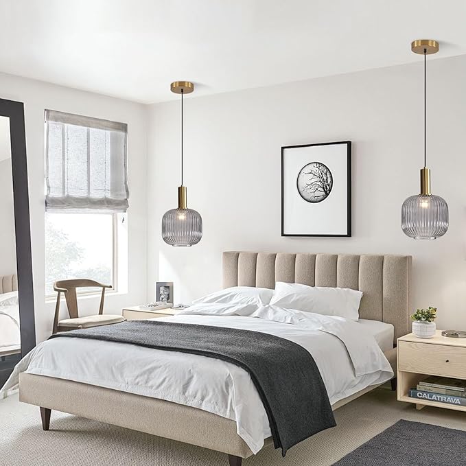 BOKT Modern 1-Light Gold Globe Pendant Light Mid Century Smoke Gray Ceiling Pendant Lighting Glass Ball Round Pendant Lamp Single Brushed Brass Pendant Light Fixture Kitchen Island (Smoke Gray)