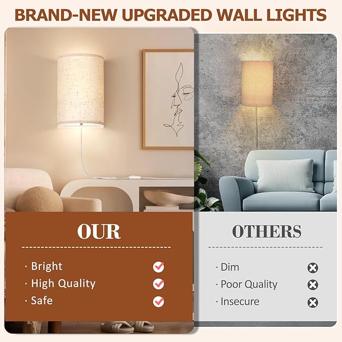 OCATO Plug in Wall Sconces Set of Two: Wall Light Wall Lamp with On/Off Switch 3000K 4500K 6000K Selectable Fixtures Fabric Linen Shade Wall Decor Wall Lights for Bedroom Living Room Hallway Indoor