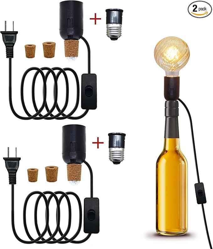 2 PCS Bottle Lamp Kit, DIY Wine Bottle Lamp for Liquor Bottle, Lamp Kits Do it Yourself Lamp Fittings Kit for Table Lamp Includes 3 Sizes of Stoppers and 2 E27 to B22 Adapter Converter